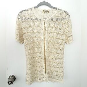 Vintage Hand Crocheted Doily Pattern Short Sleeve Button Down Cardigan Sweater S